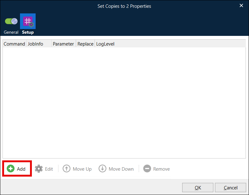 The JobInfo Manipulation Modifier Properties - Setup tab.